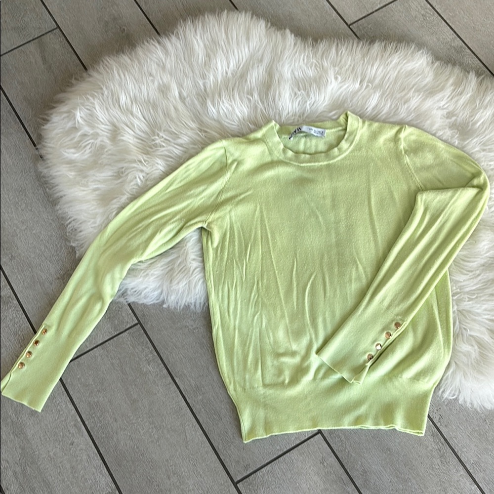 Zara size S Pastel Green Sweater with Gold Button Accents